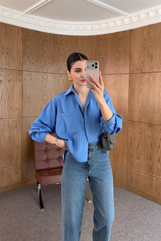 Cepli Oversize Çizgili Mavi Gömlek