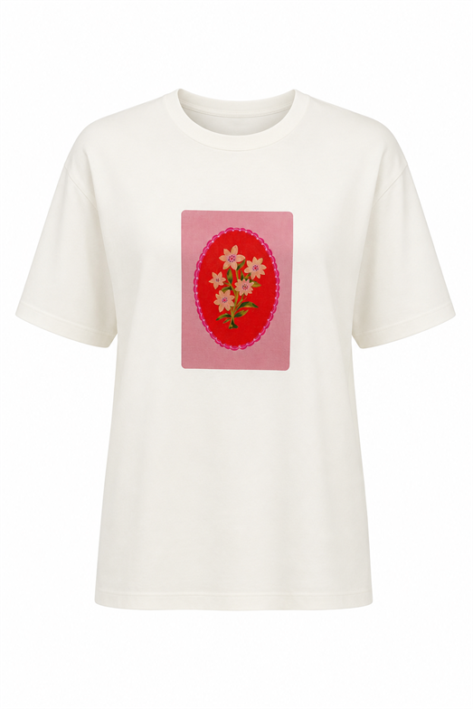Çiçek Baskılı Beyaz Tshirt