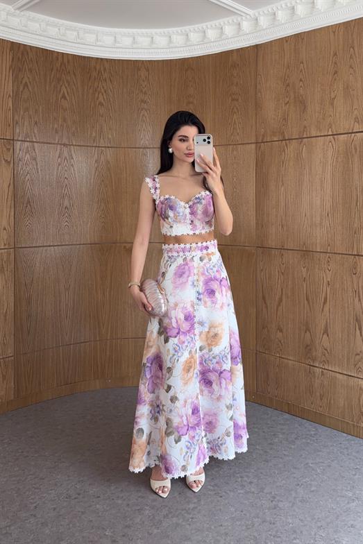 Çiçek Nakışlı Lila Crop Takım