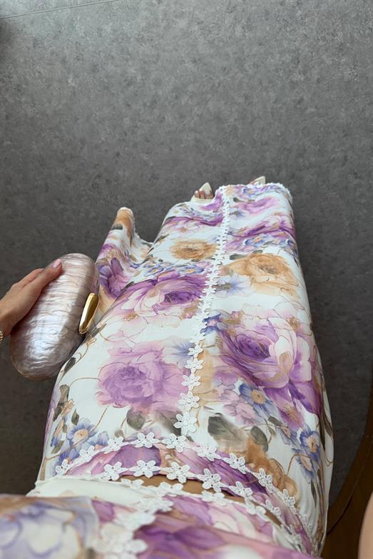 Çiçek Nakışlı Lila Crop Takım