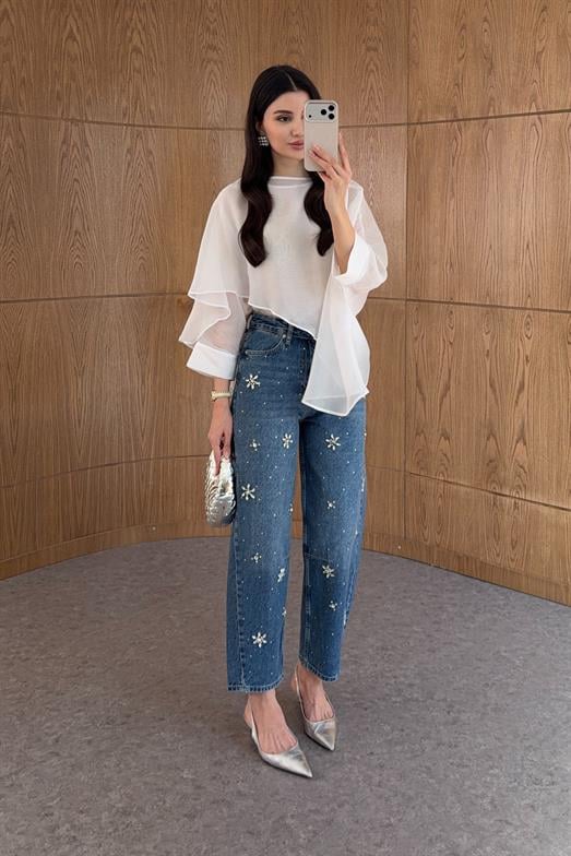 Çiçek Taşlı Balon Jean