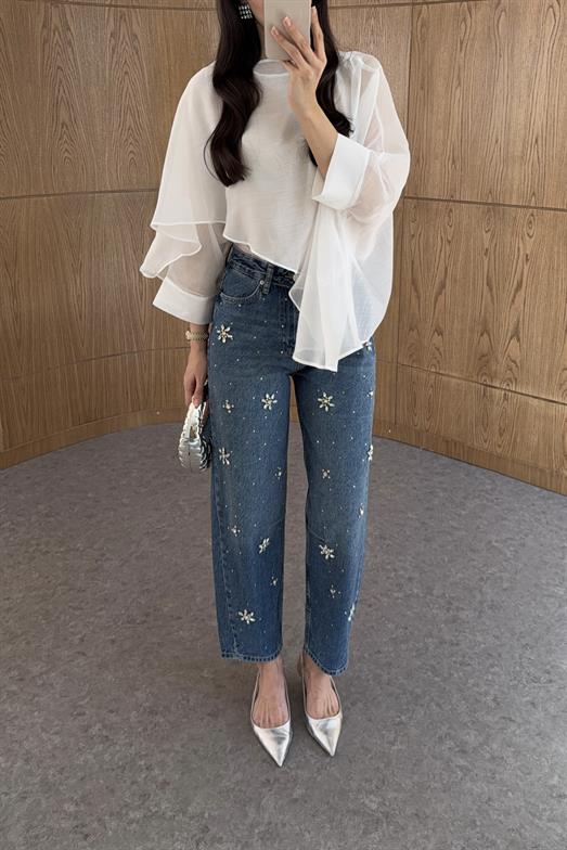 Çiçek Taşlı Balon Jean