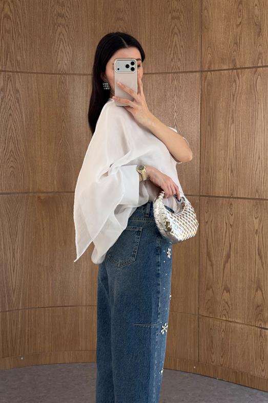 Çiçek Taşlı Balon Jean