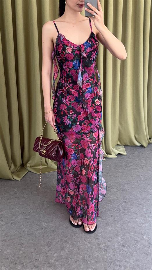 Çiçekli Fırfırlı Askılı Elbise