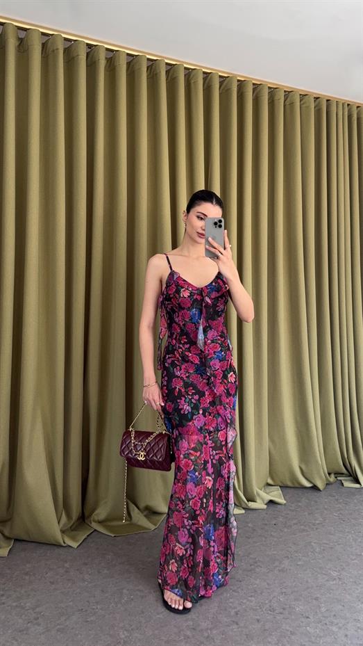 Çiçekli Fırfırlı Askılı Elbise