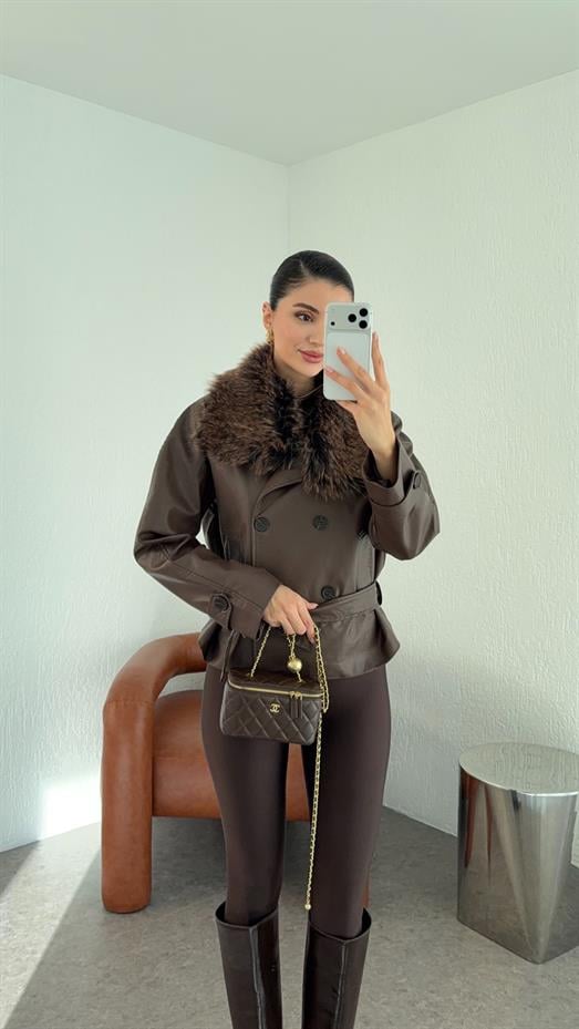 Çıkma Kürklü Kahverengi Deri Ceket