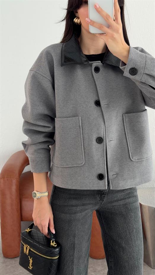 Çıkma Yaka Gri Kaşe Ceket