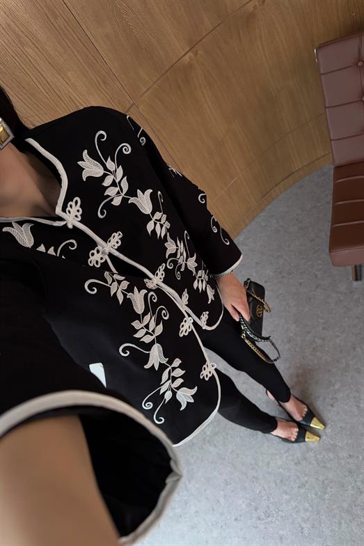 Çin Düğmeli Gabardin Siyah Ceket