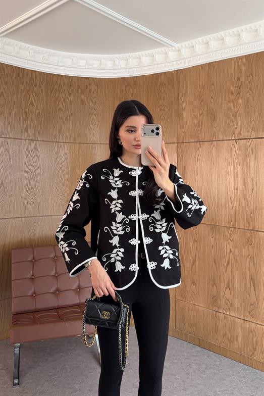 Çin Düğmeli Gabardin Siyah Ceket