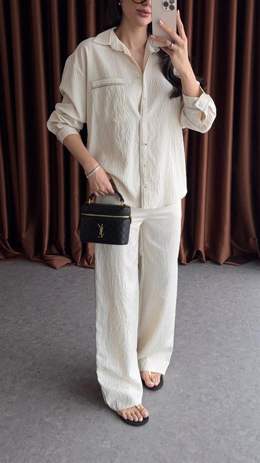 Çizgili Ekru Takım