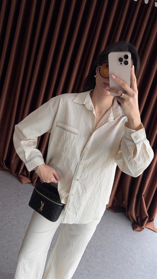 Çizgili Ekru Takım