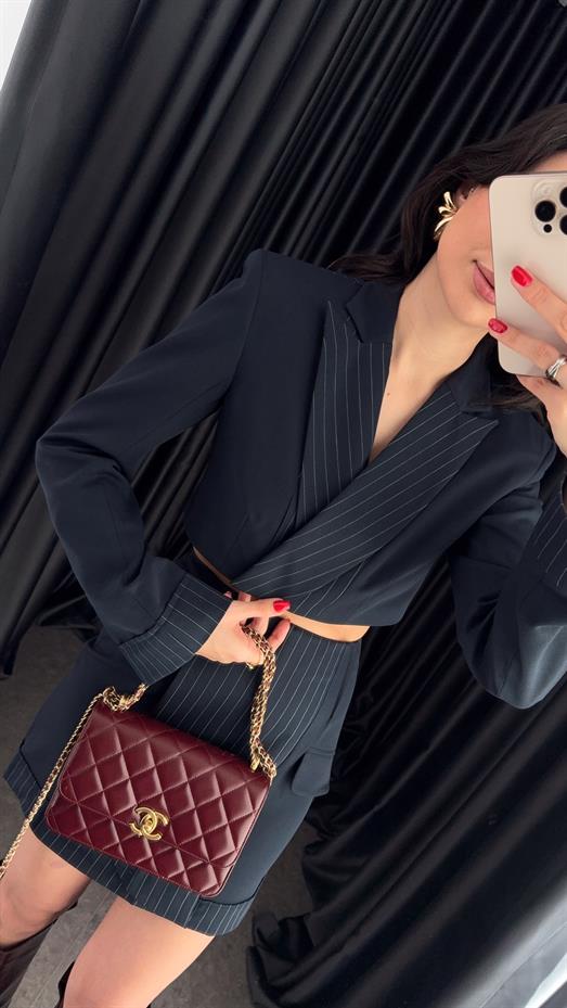 Çizgili Lacivert Crop Ceket