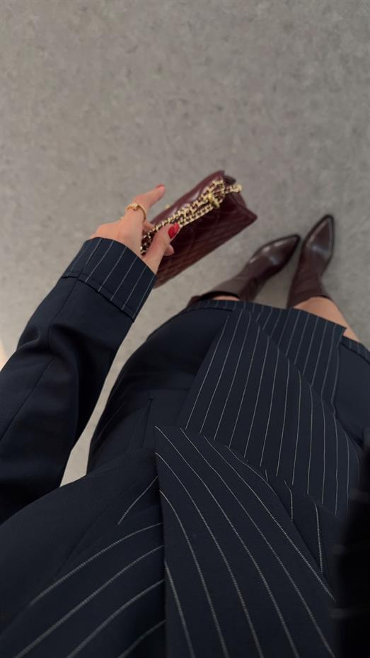 Çizgili Lacivert Crop Ceket