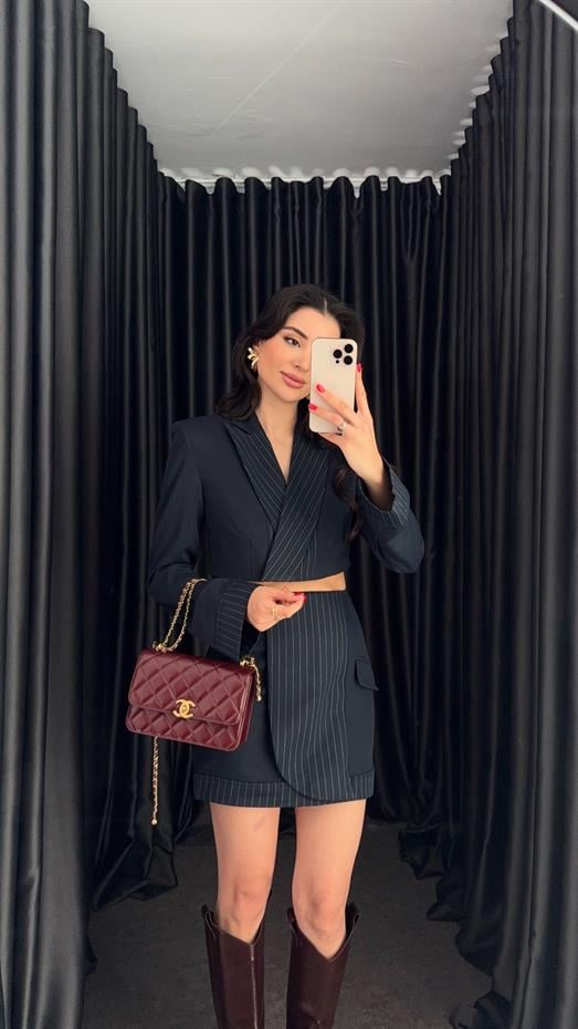 Çizgili Lacivert Crop Ceket