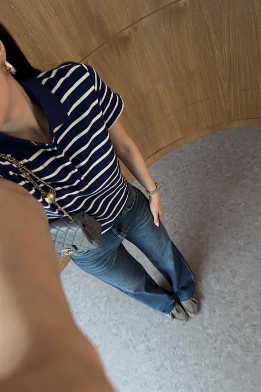 Çizgili Polo Yaka Lacivert Tshirt