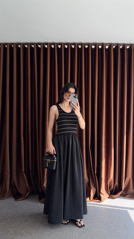 Çizgili Siyah Maxi Elbise