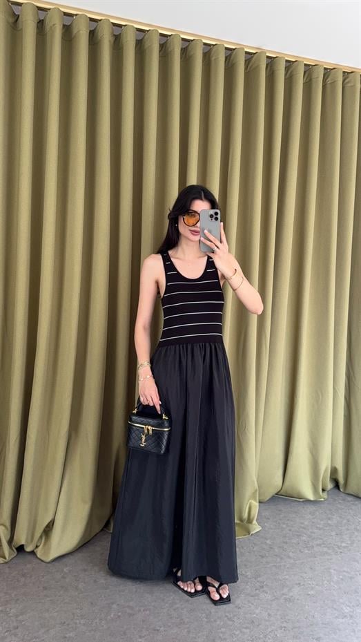 Çizgili Siyah Maxi Elbise