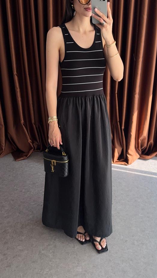 Çizgili Siyah Maxi Elbise