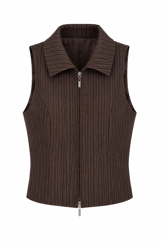 Çizgili Yelek-Pantolon Kahverengi Takım