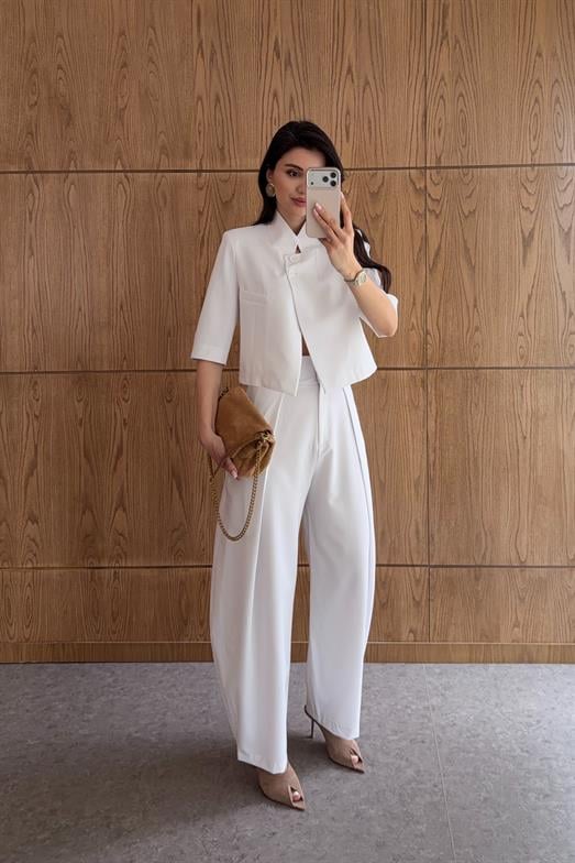 Crop Ceket-Japan Pantolon Beyaz Takım