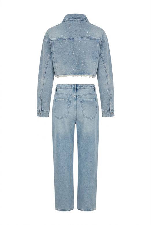Dağınık Gümüş Taşlı Denim Crop Ceket