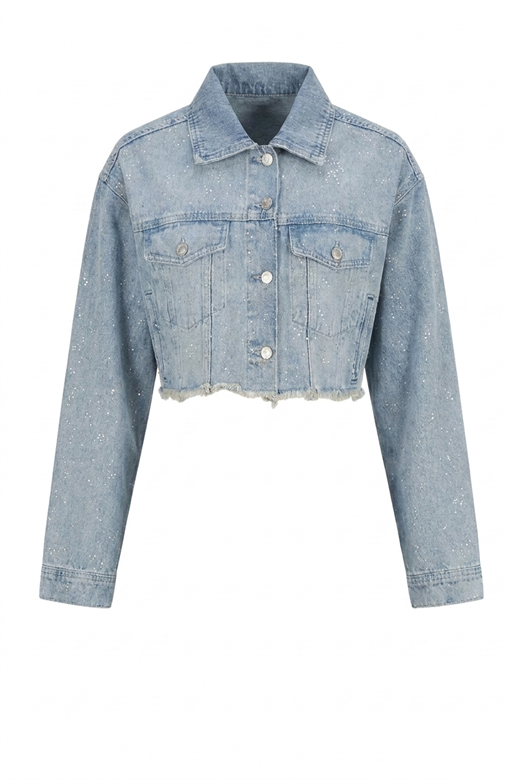 Dağınık Gümüş Taşlı Denim Crop Ceket
