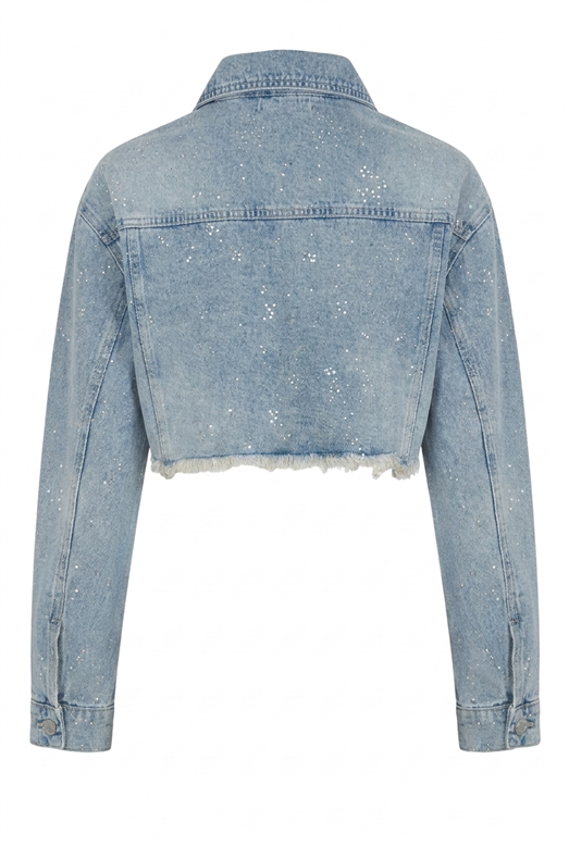 Dağınık Gümüş Taşlı Denim Crop Ceket