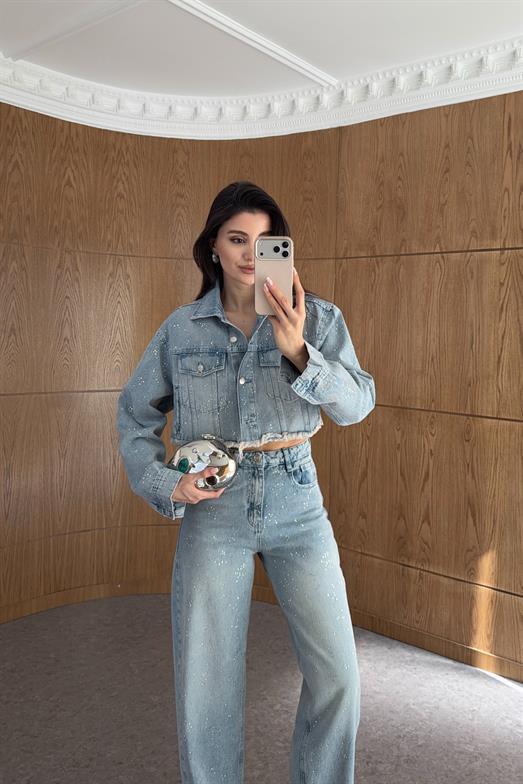 Dağınık Gümüş Taşlı Denim Crop Ceket