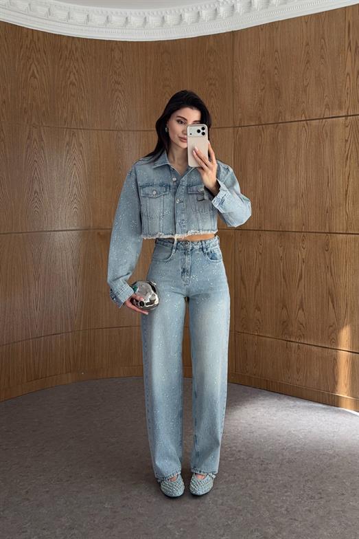 Dağınık Gümüş Taşlı Wide Leg Jean