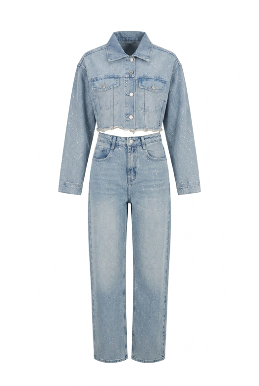 Dağınık Gümüş Taşlı Wide Leg Jean