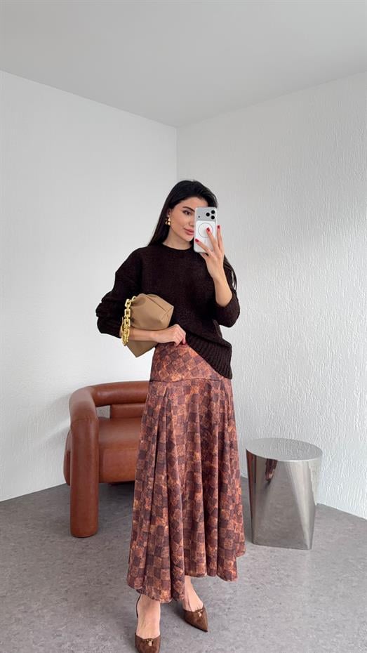 Damalı Kahve Saten Etek