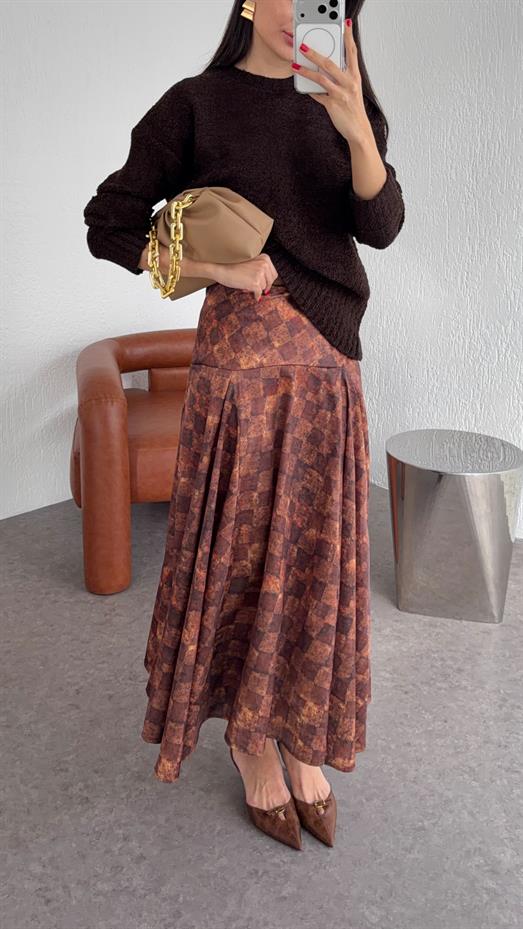 Damalı Kahve Saten Etek