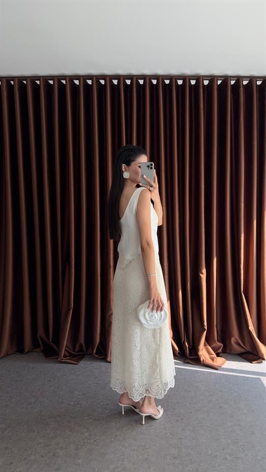 Dantel Garnili Keten Midi Elbise