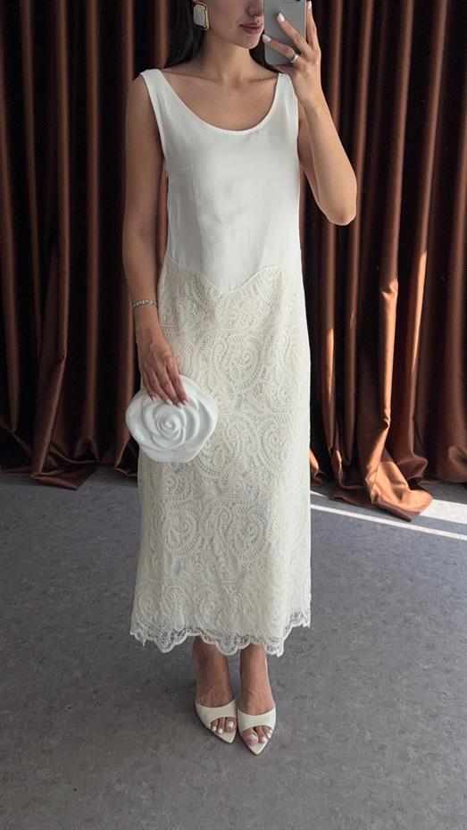 Dantel Garnili Keten Midi Elbise