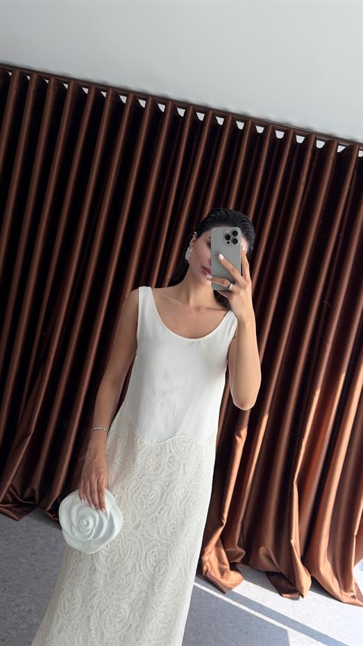 Dantel Garnili Keten Midi Elbise