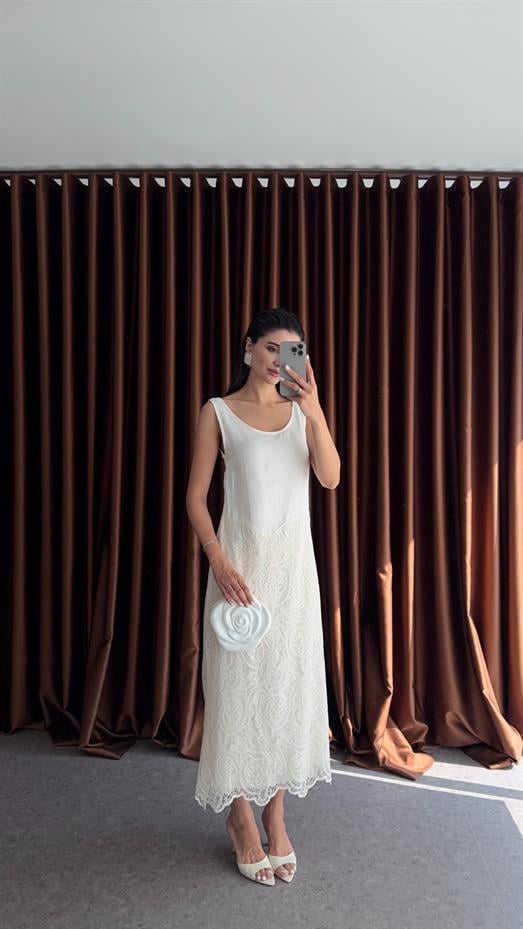 Dantel Garnili Keten Midi Elbise