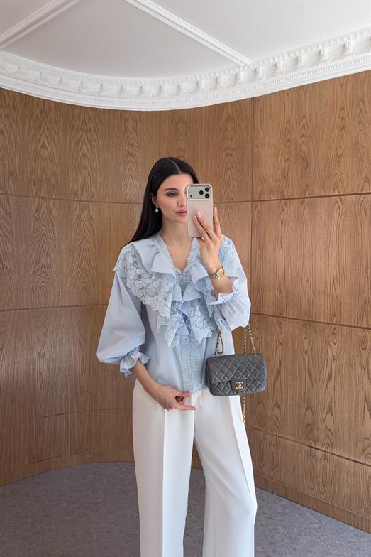 Dantel Volan Detaylı Bebe Mavi Bluz