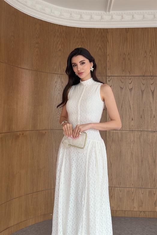 Dantelli Beyaz Premium Biyeli Elbise