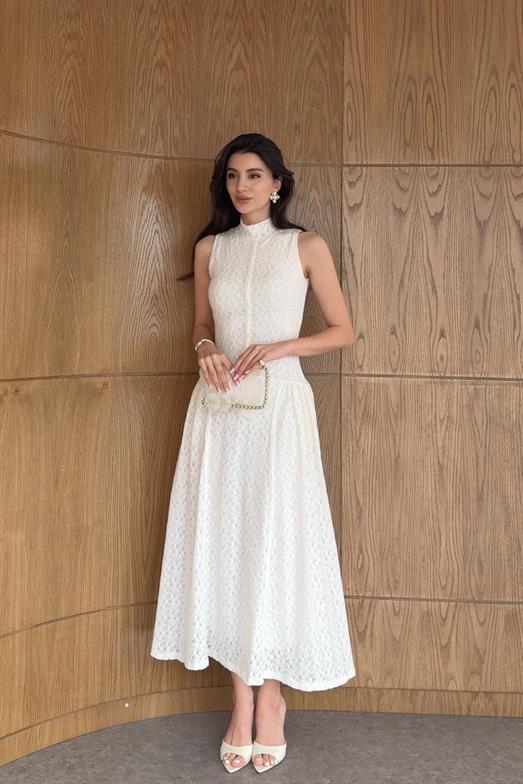 Dantelli Beyaz Premium Biyeli Elbise