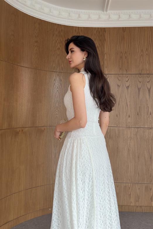 Dantelli Beyaz Premium Biyeli Elbise