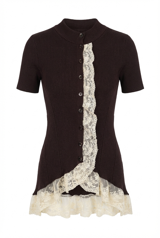 Dantelli Kahve Romantik Triko Bluz