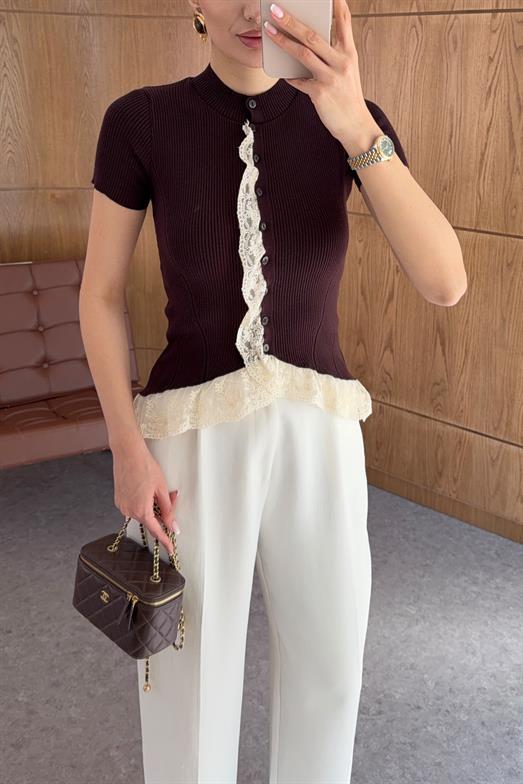 Dantelli Kahve Romantik Triko Bluz