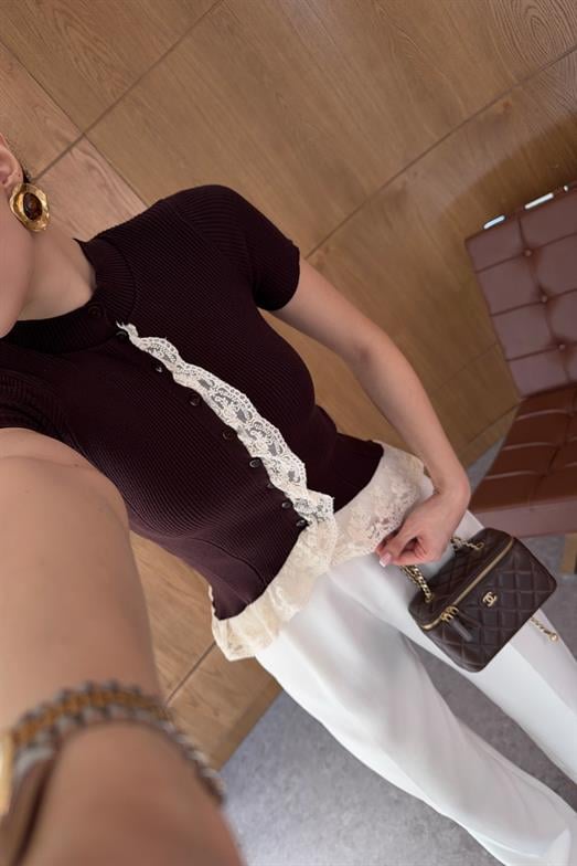 Dantelli Kahve Romantik Triko Bluz