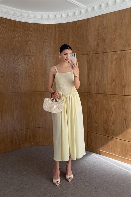 Dantelli Sarı Poplin Elbise
