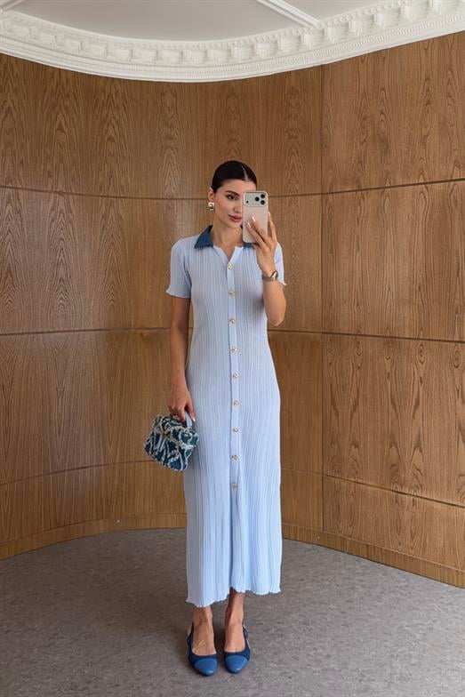 Denim Garnili Bebe Mavi Triko Elbise