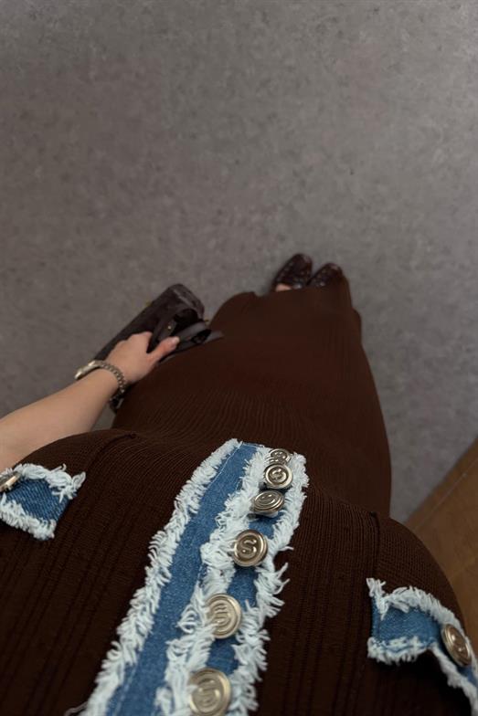 Denim Garnili Kahve Triko Elbise