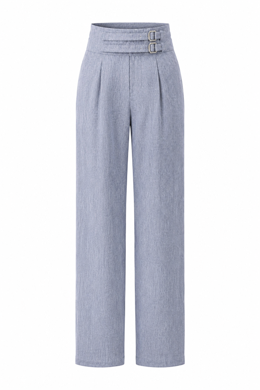 Denim Görünümlü Kemer Detaylı Keten Pantolon