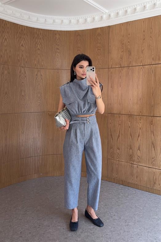 Denim Görünümlü Kemer Detaylı Keten Pantolon