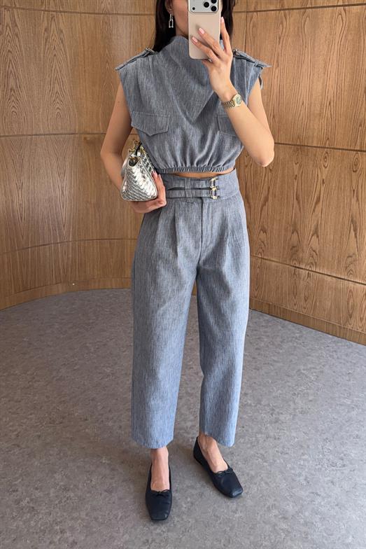 Denim Görünümlü Kemer Detaylı Keten Pantolon