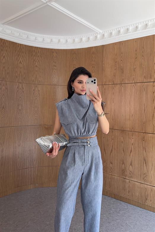 Denim Görünümlü Keten Bluz